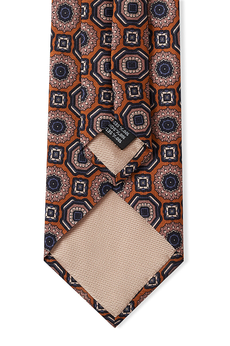Orange & Navy Medallion Printed Silk Tie