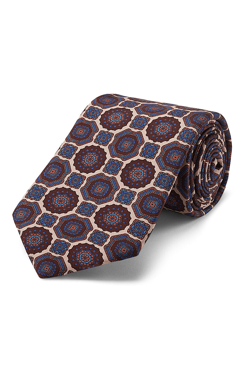 Cream & Blue Medallion Printed Silk Tie