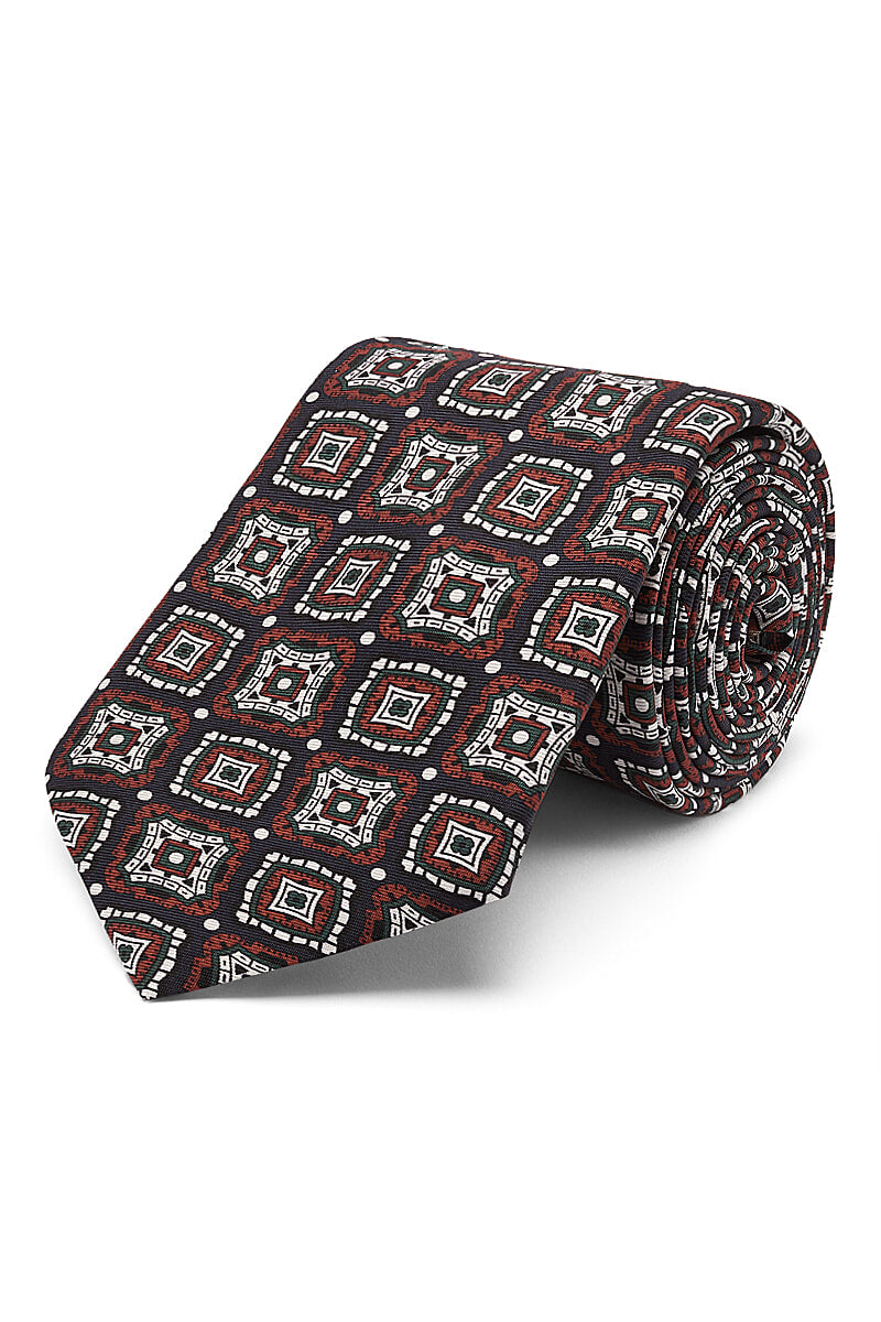 Navy & Brown Diagonal Medallion Printed Silk Tie