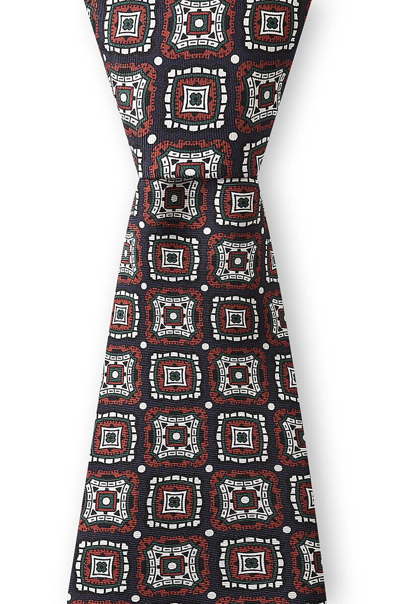Navy & Brown Diagonal Medallion Printed Silk Tie