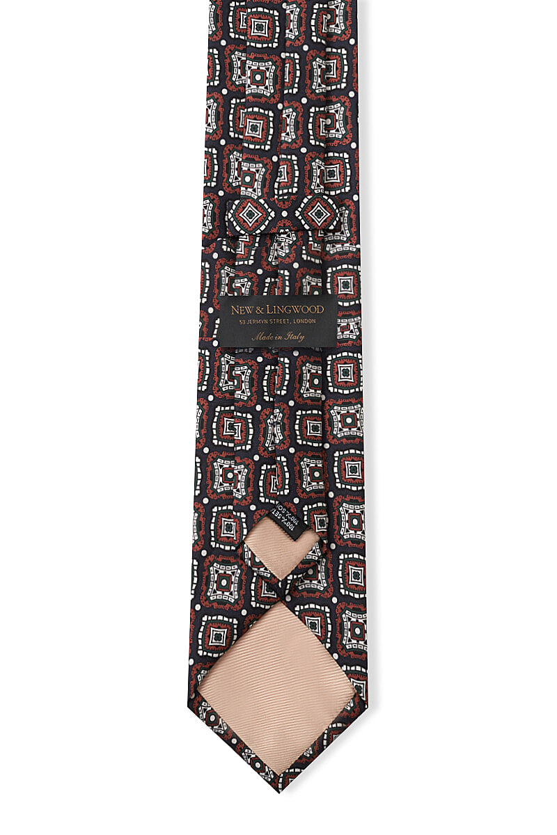 Navy & Brown Diagonal Medallion Printed Silk Tie