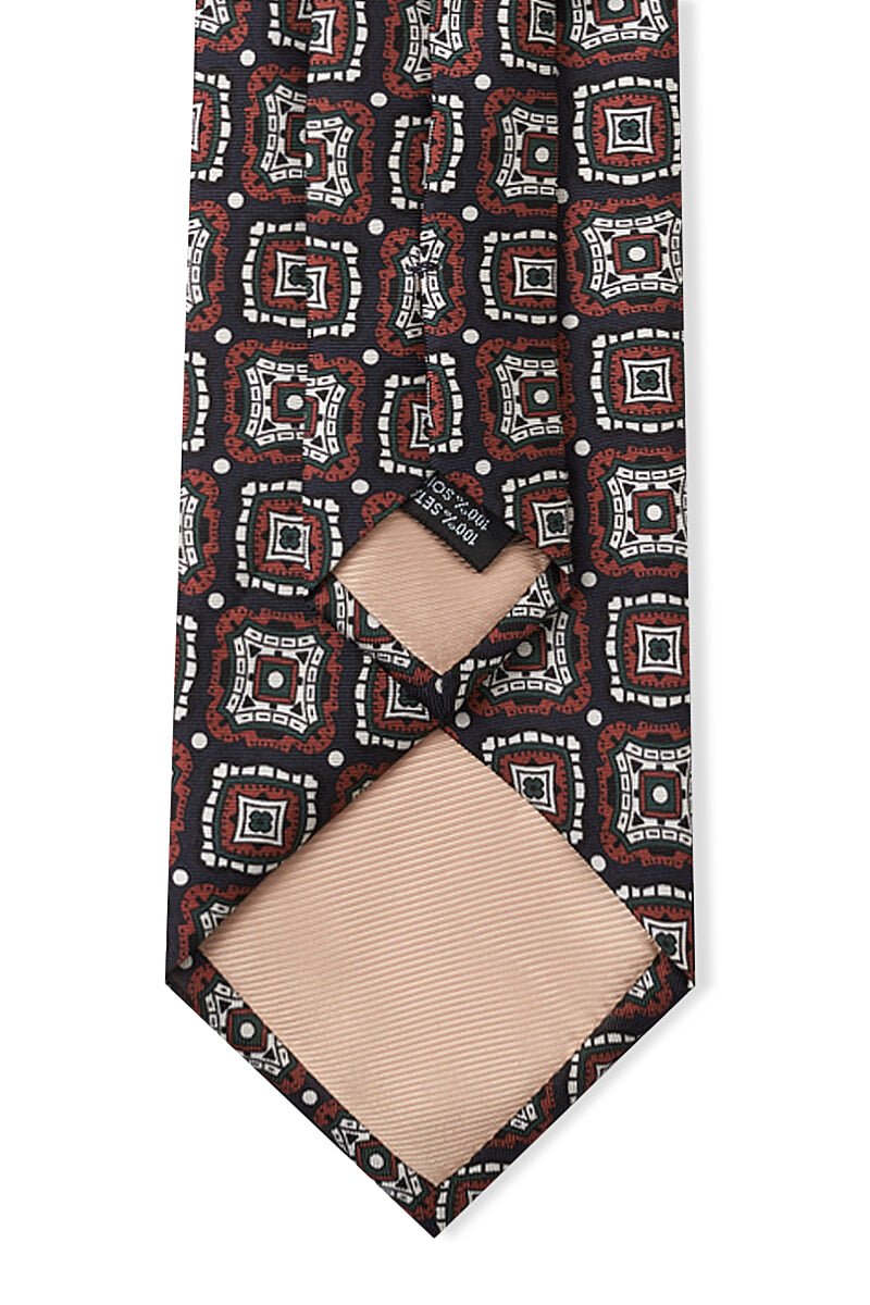 Navy & Brown Diagonal Medallion Printed Silk Tie