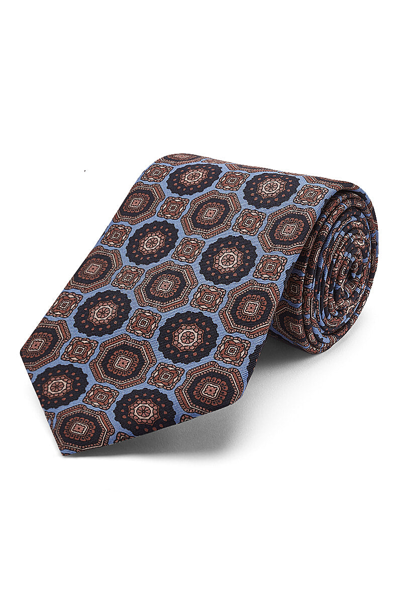 Blue & Navy Medallion Printed Silk Tie