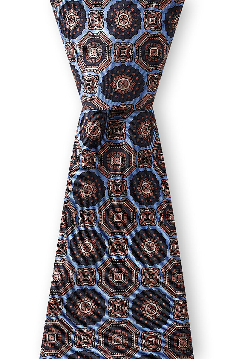 Blue & Navy Medallion Printed Silk Tie