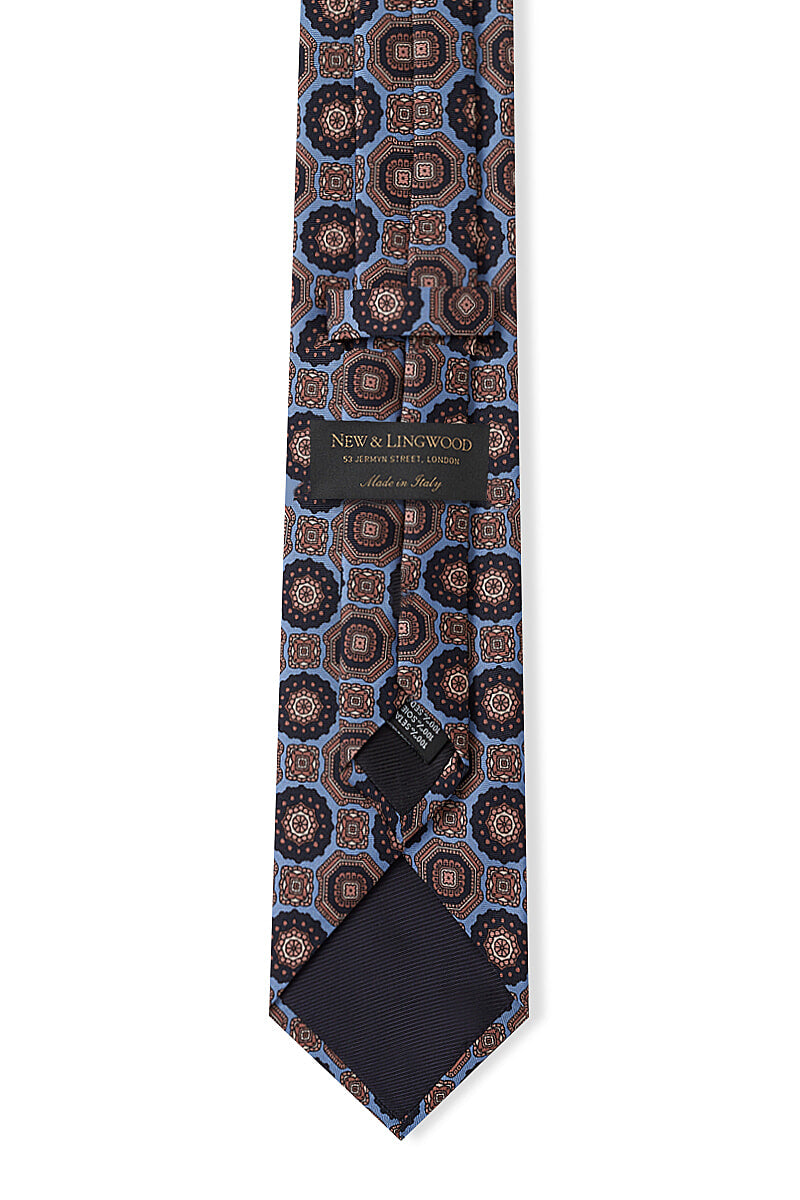 Blue & Navy Medallion Printed Silk Tie