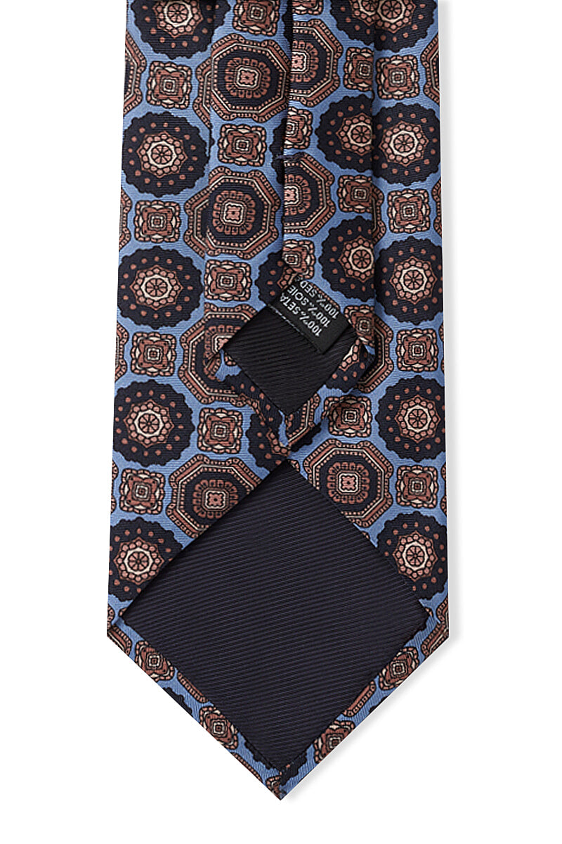 Blue & Navy Medallion Printed Silk Tie