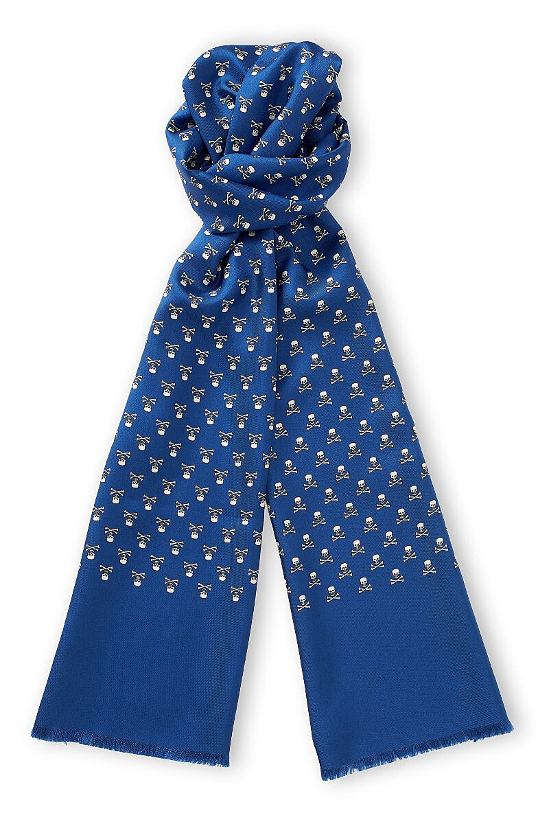 Mid Blue Skull & Crossbones Silk Scarf