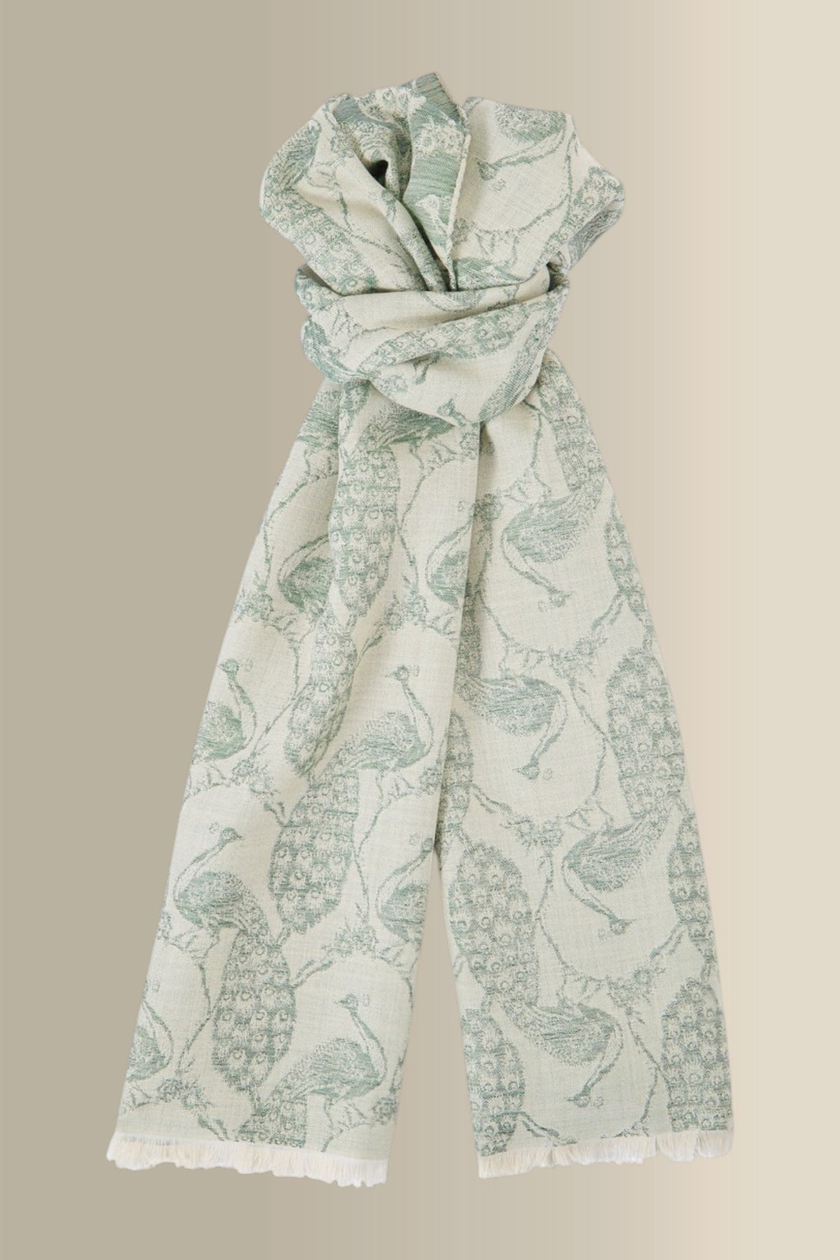 Cream & Green Peacock Wool & Silk Pashmina