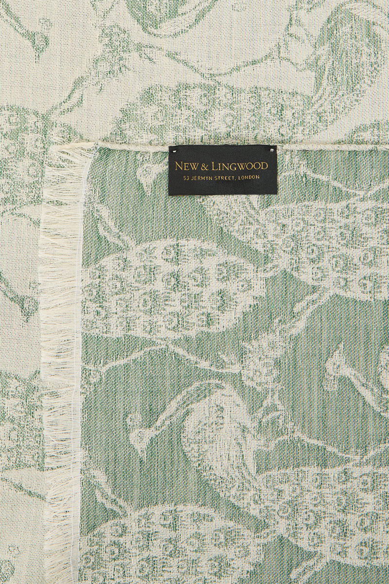 Cream & Green Peacock Wool & Silk Pashmina