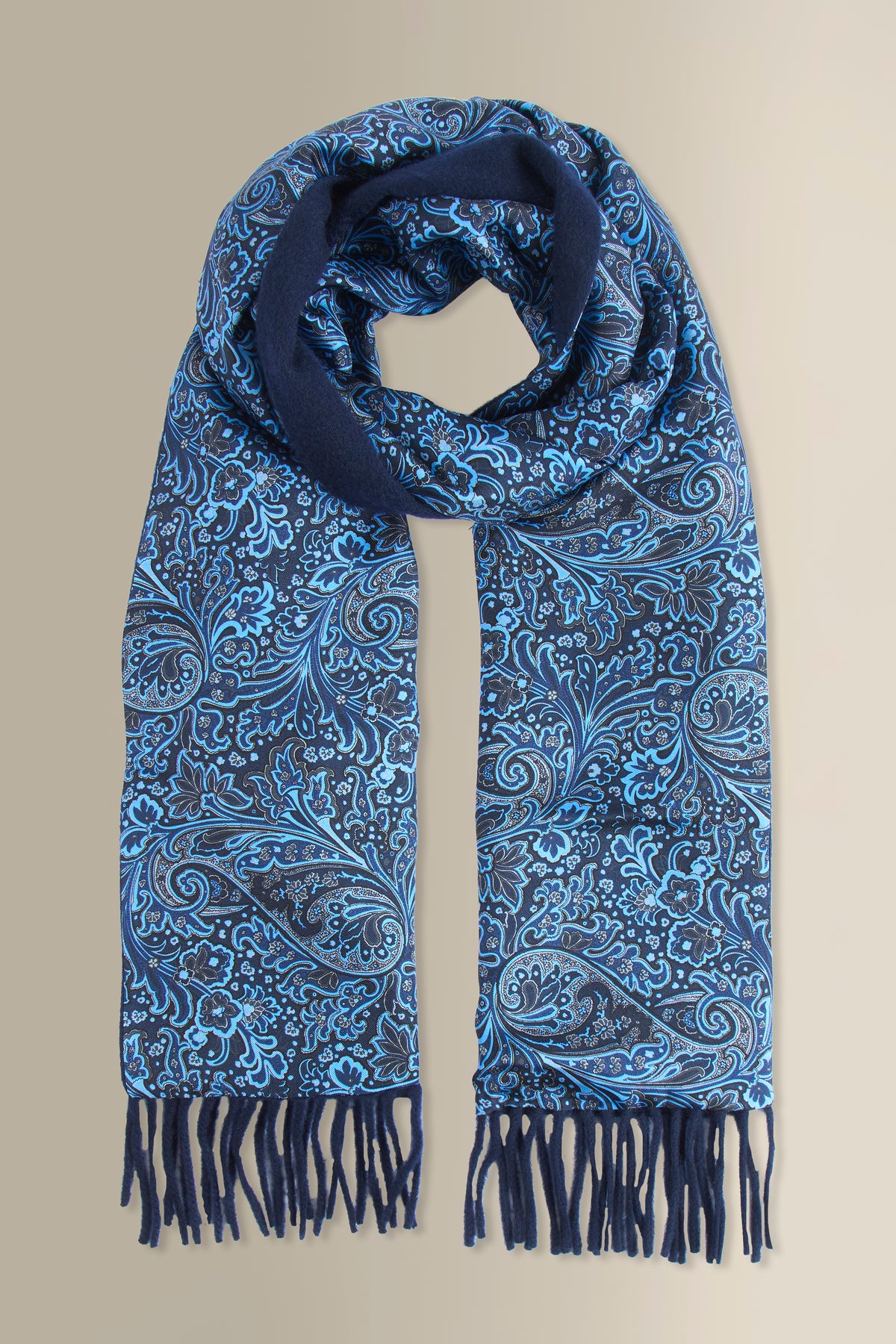 Navy Paisley Cashmere Backed Printed Silk Scarf