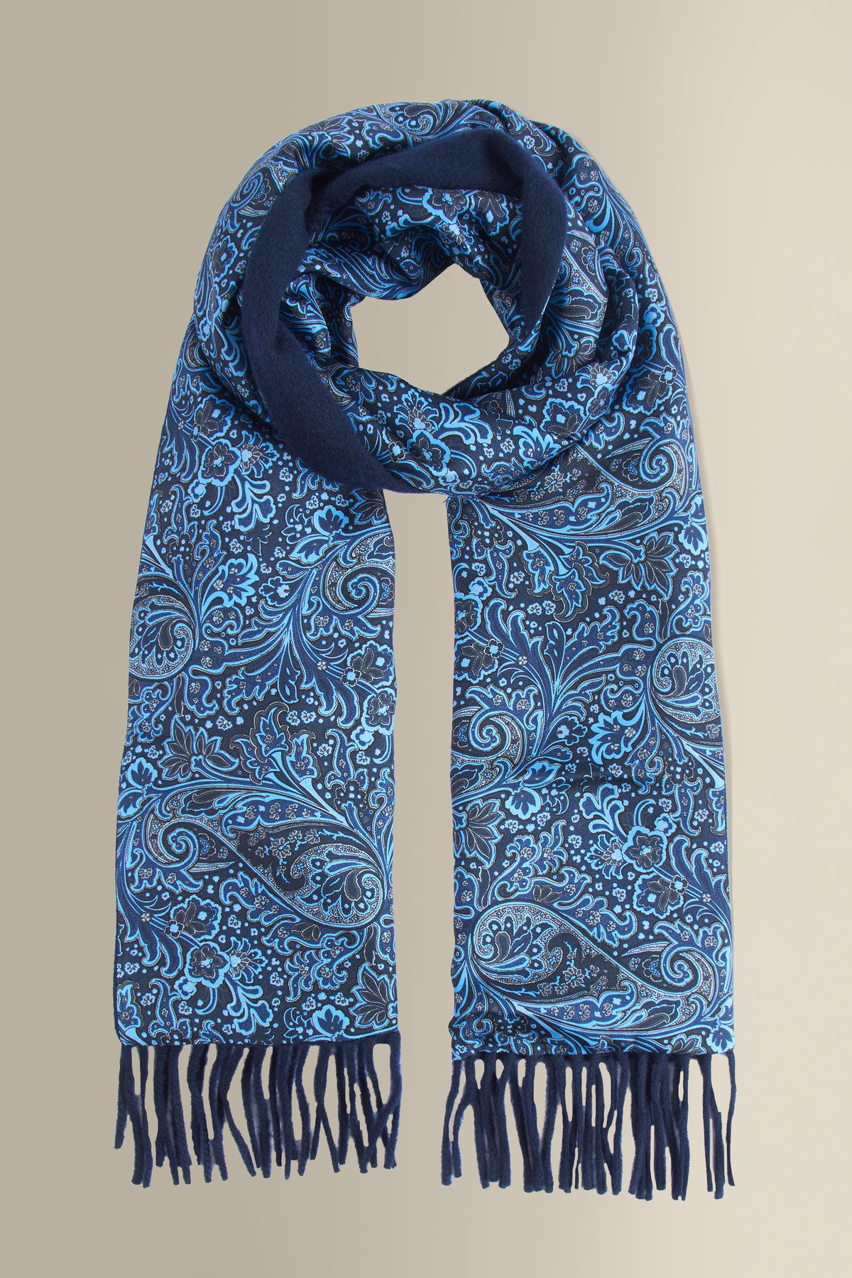 Navy Paisley Cashmere Backed Printed Silk Scarf