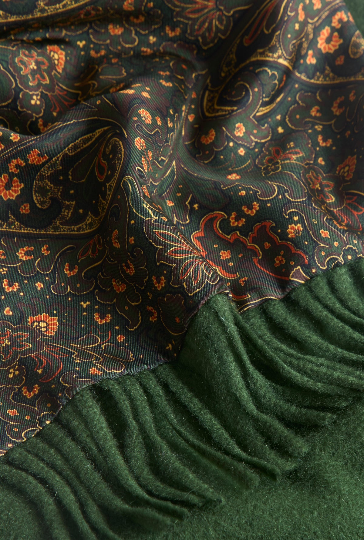 Green Paisley Cashmere Backed Printed Silk Scarf