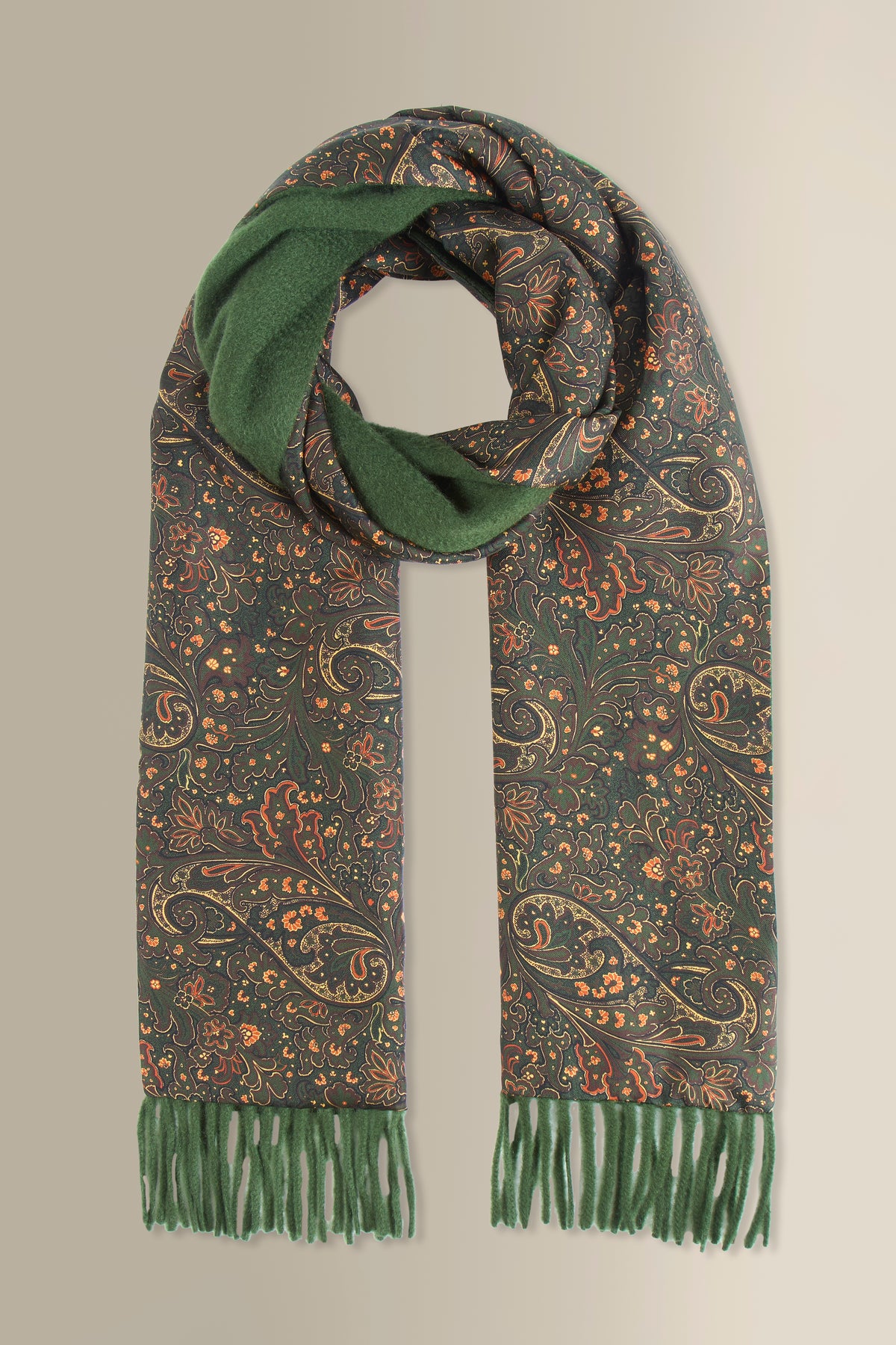 Green Paisley Cashmere Backed Printed Silk Scarf