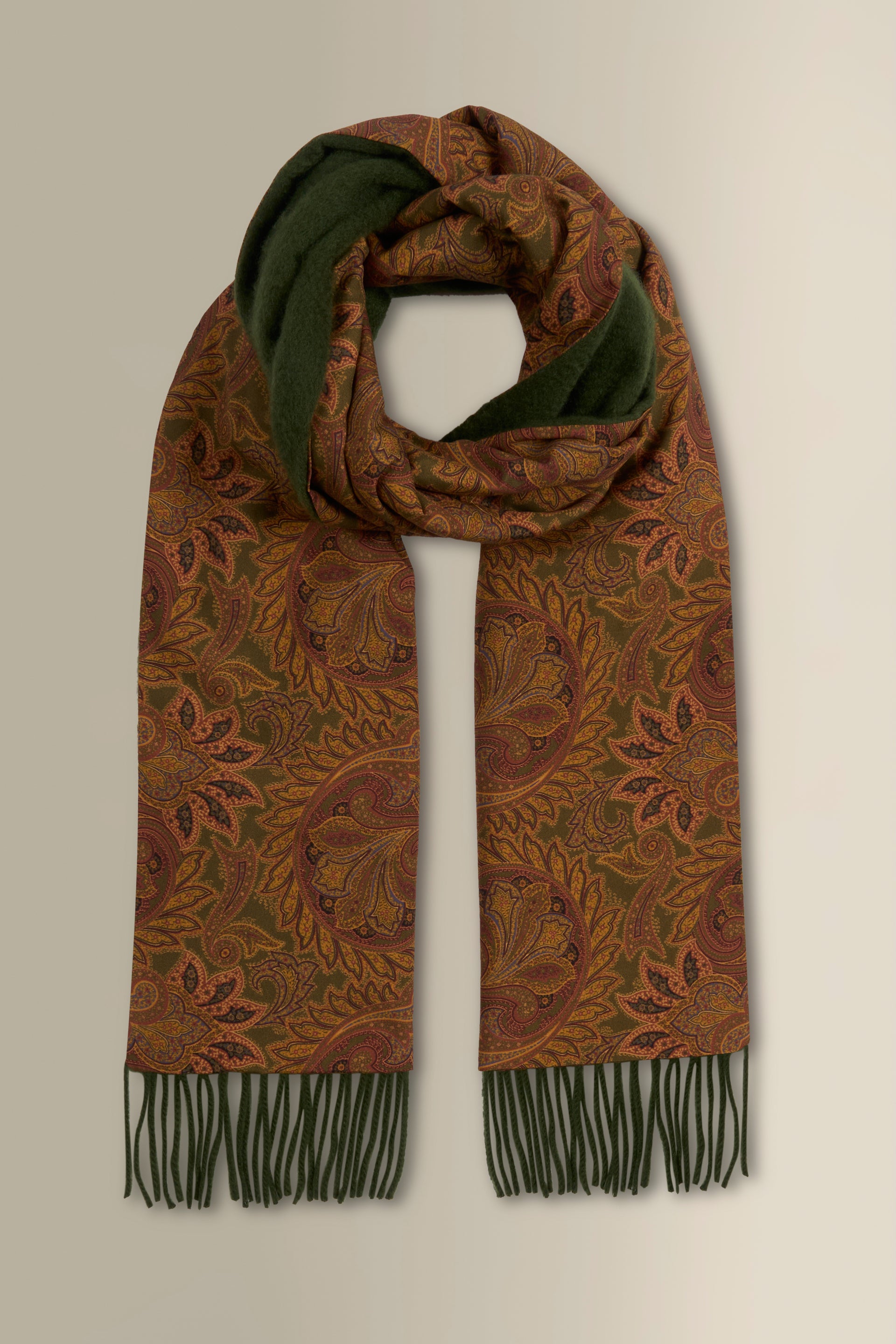 Green Cashmere Backed Printed Silk Scarf