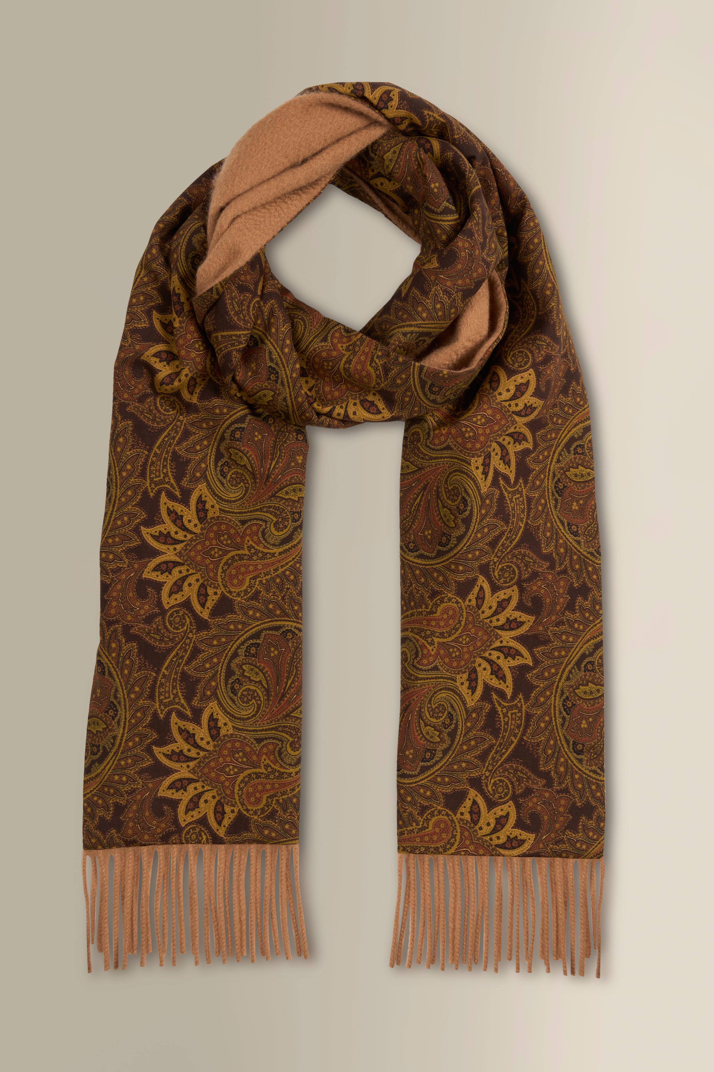 Camel Paisley Cashmere Backed Printed Silk Scarf
