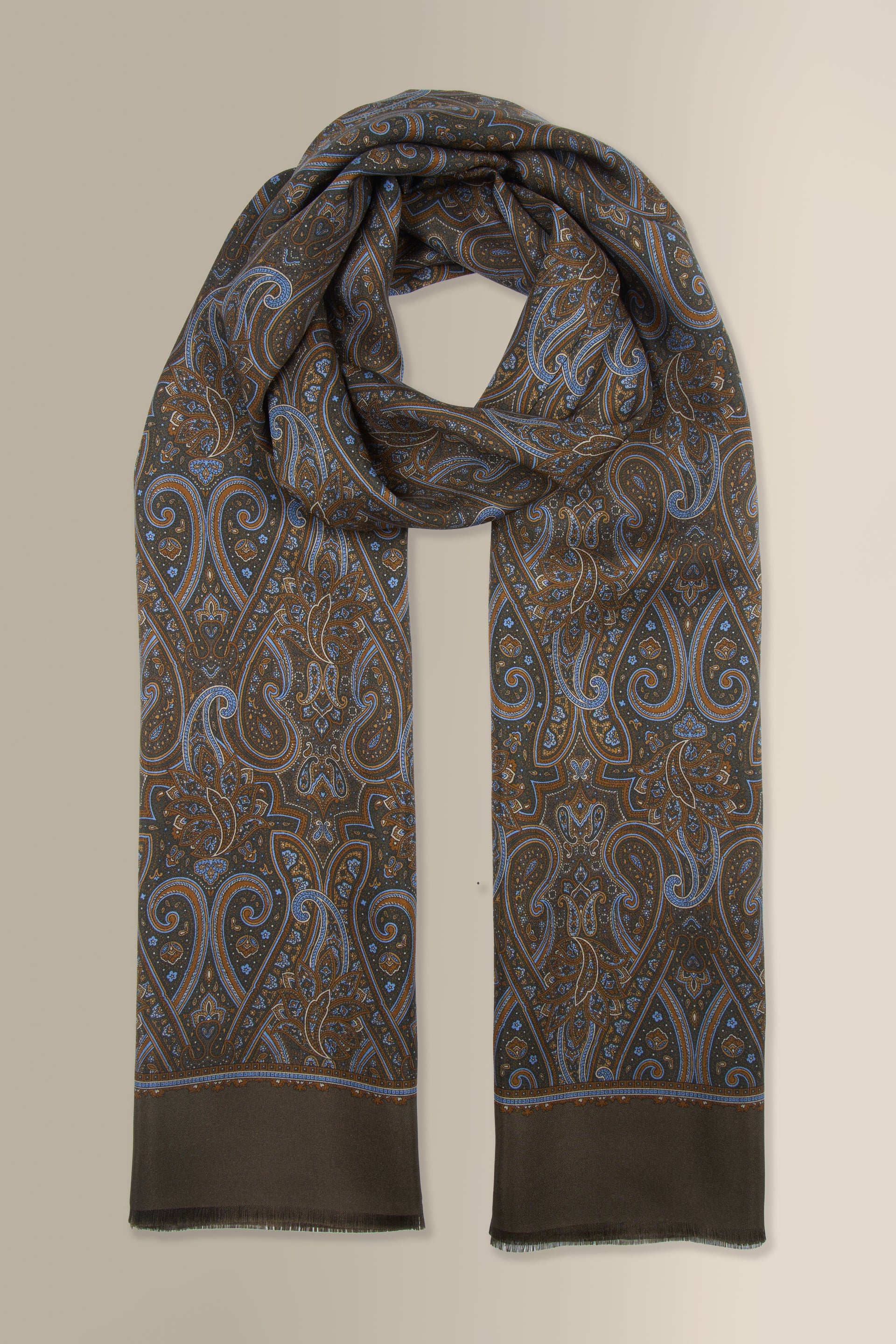 Khaki Paisley Printed Silk Scarf