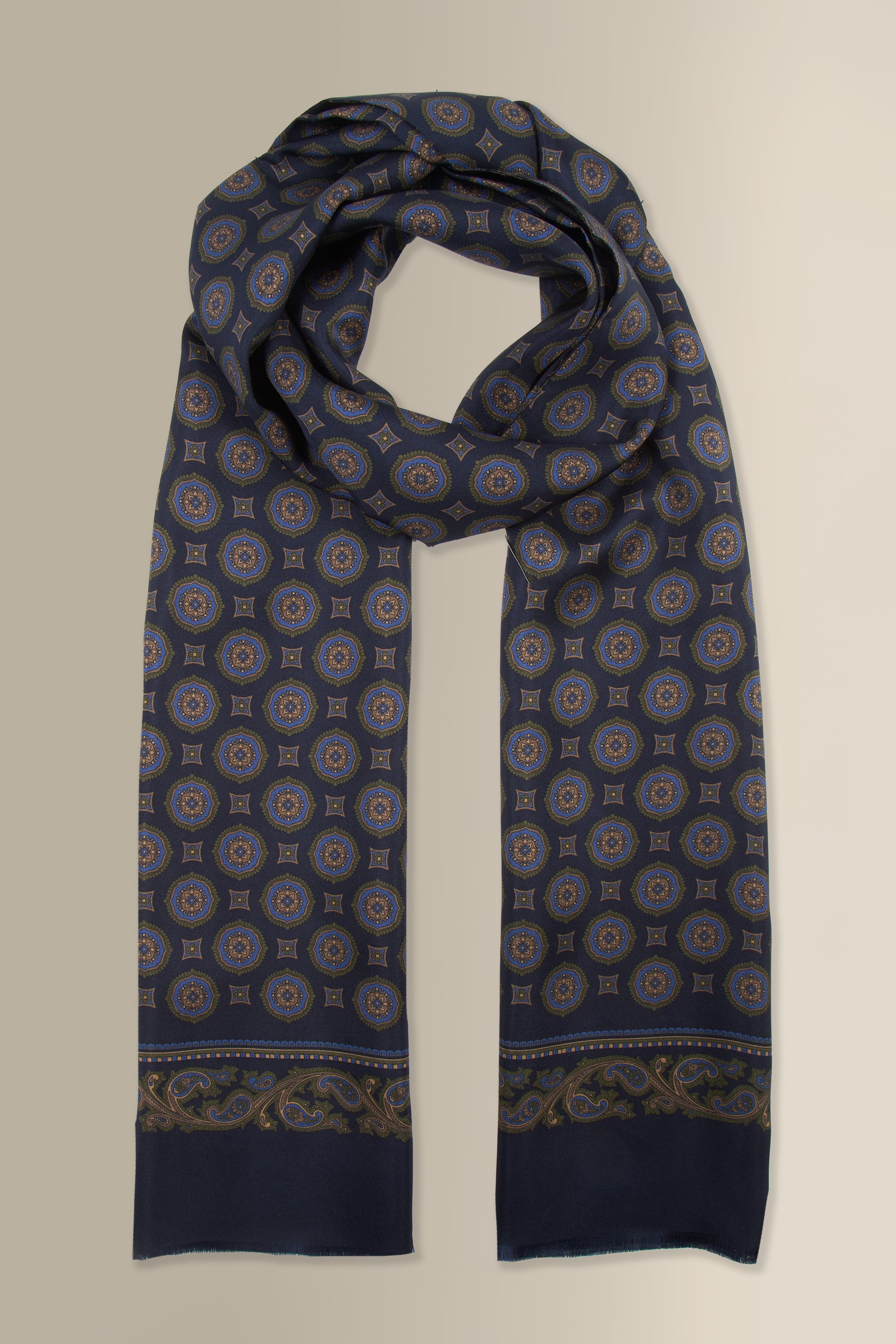 Navy Medallion Printed Silk Scarf