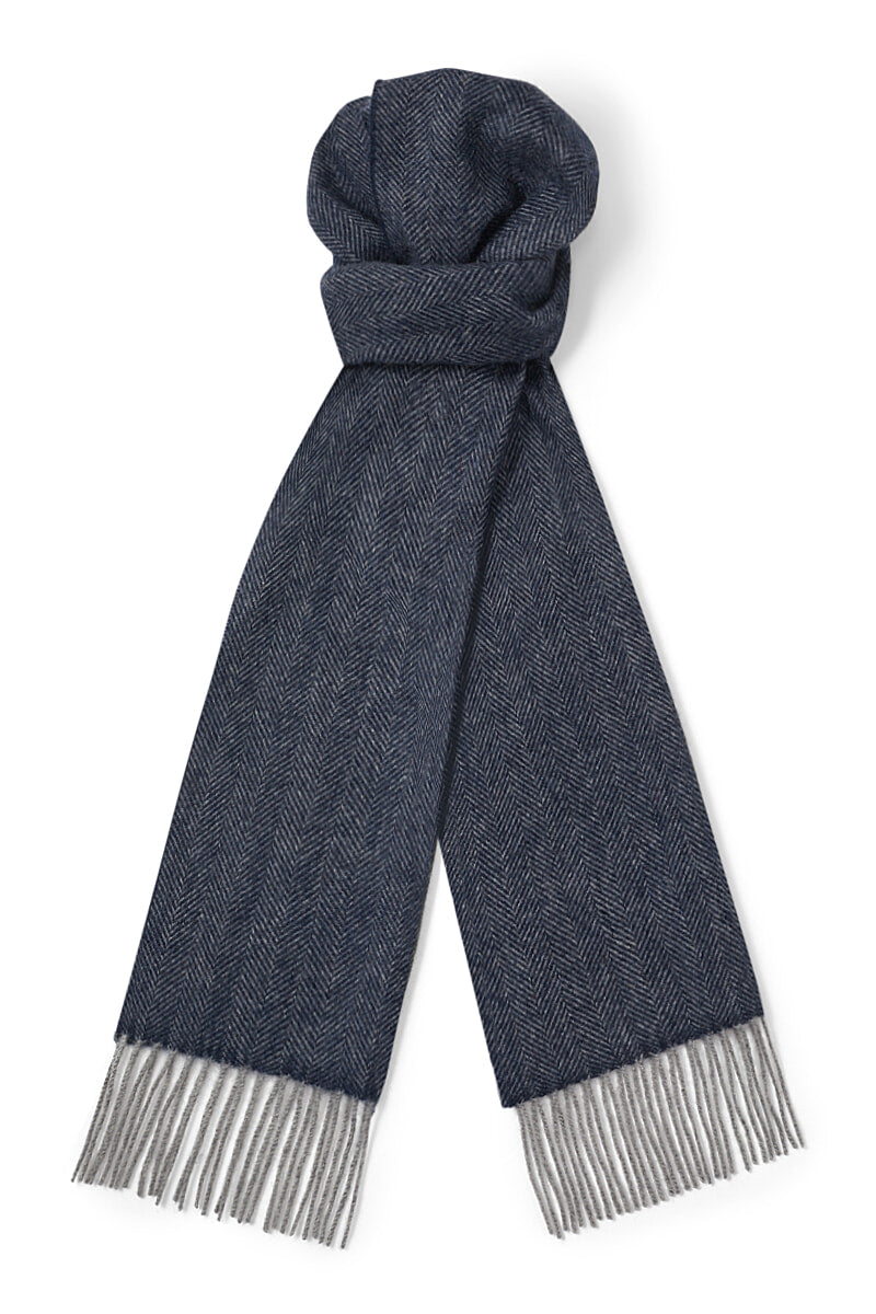 Navy Herringbone Cashmere Scarf