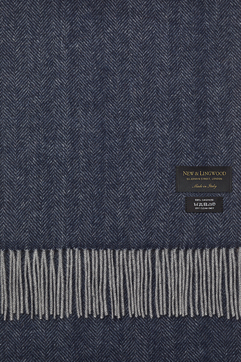 Navy Herringbone Cashmere Scarf
