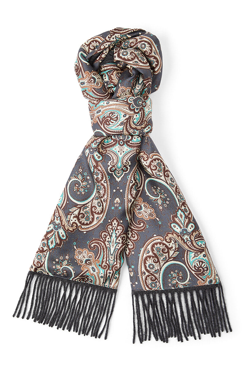 Grey Paisley Cashmere Backed Printed Silk Scarf