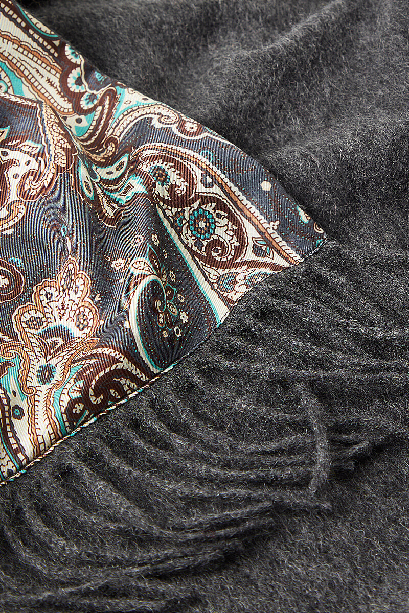 Grey Paisley Cashmere Backed Printed Silk Scarf