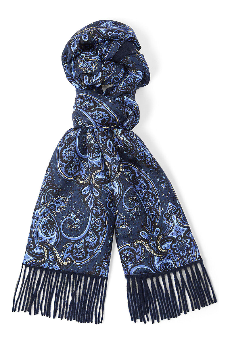 Navy Paisley Cashmere Backed Printed Silk Scarf