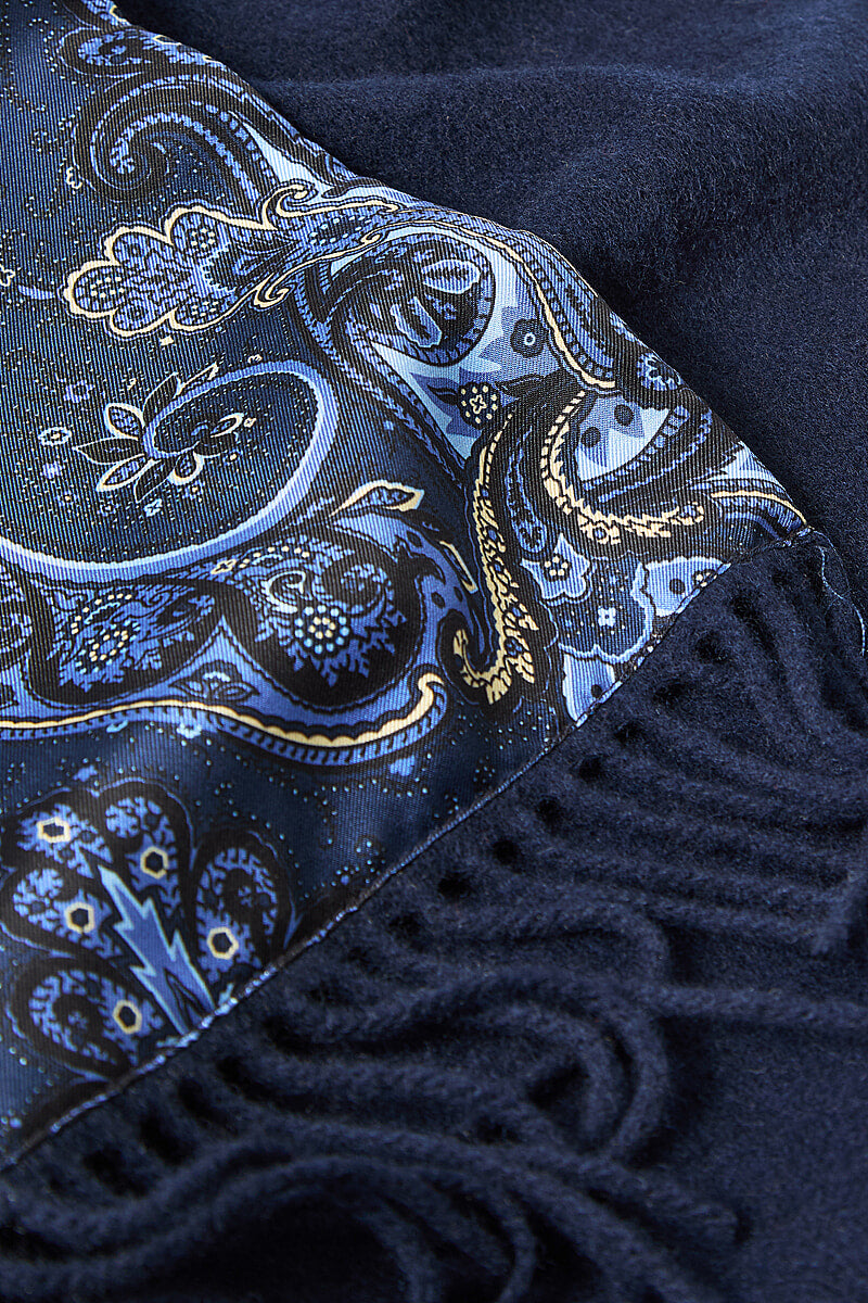Navy Paisley Cashmere Backed Printed Silk Scarf
