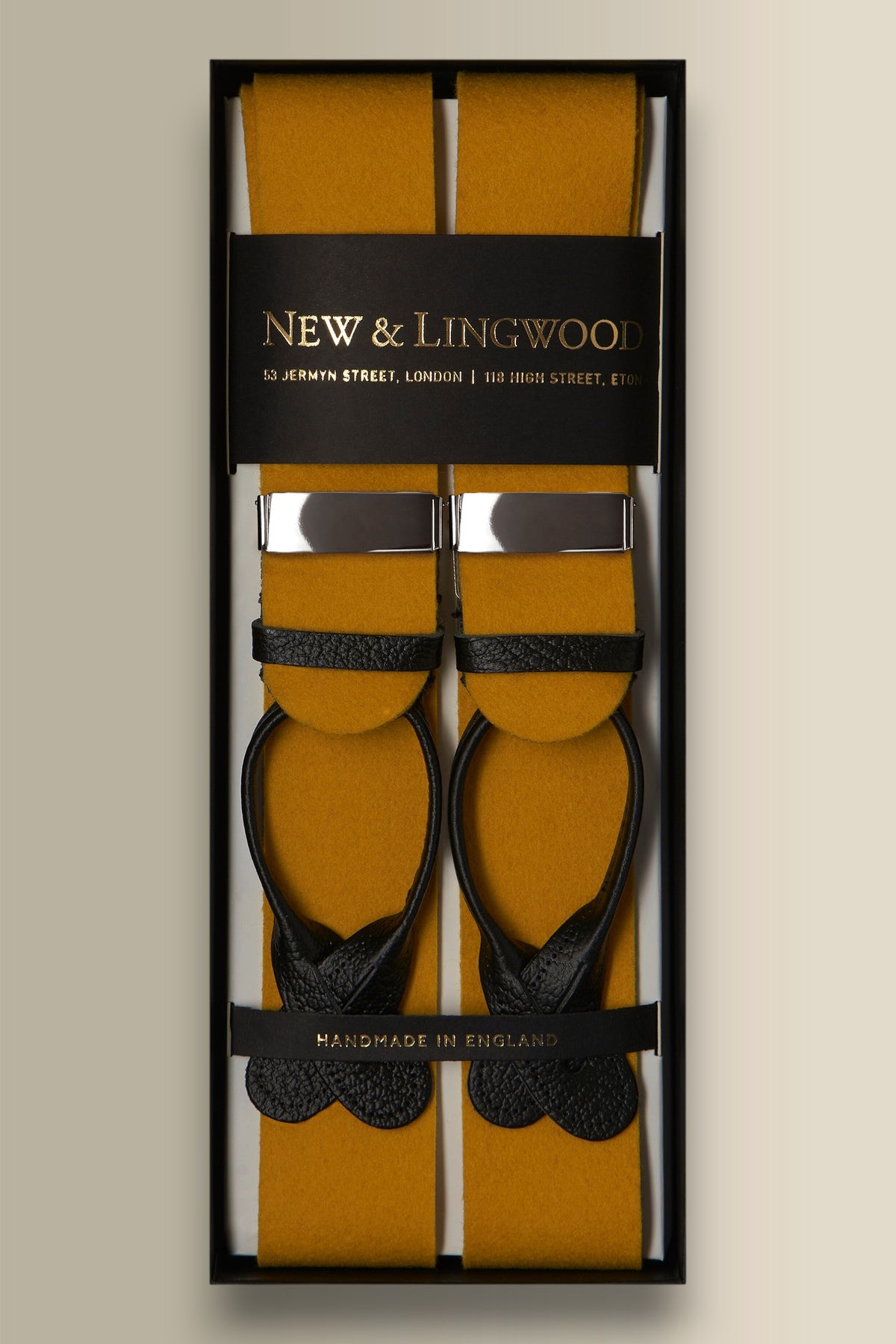Gold Boxcloth Black Leather End Braces