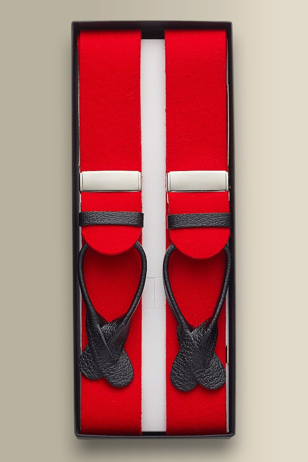 Red Boxcloth Black Leather End Braces