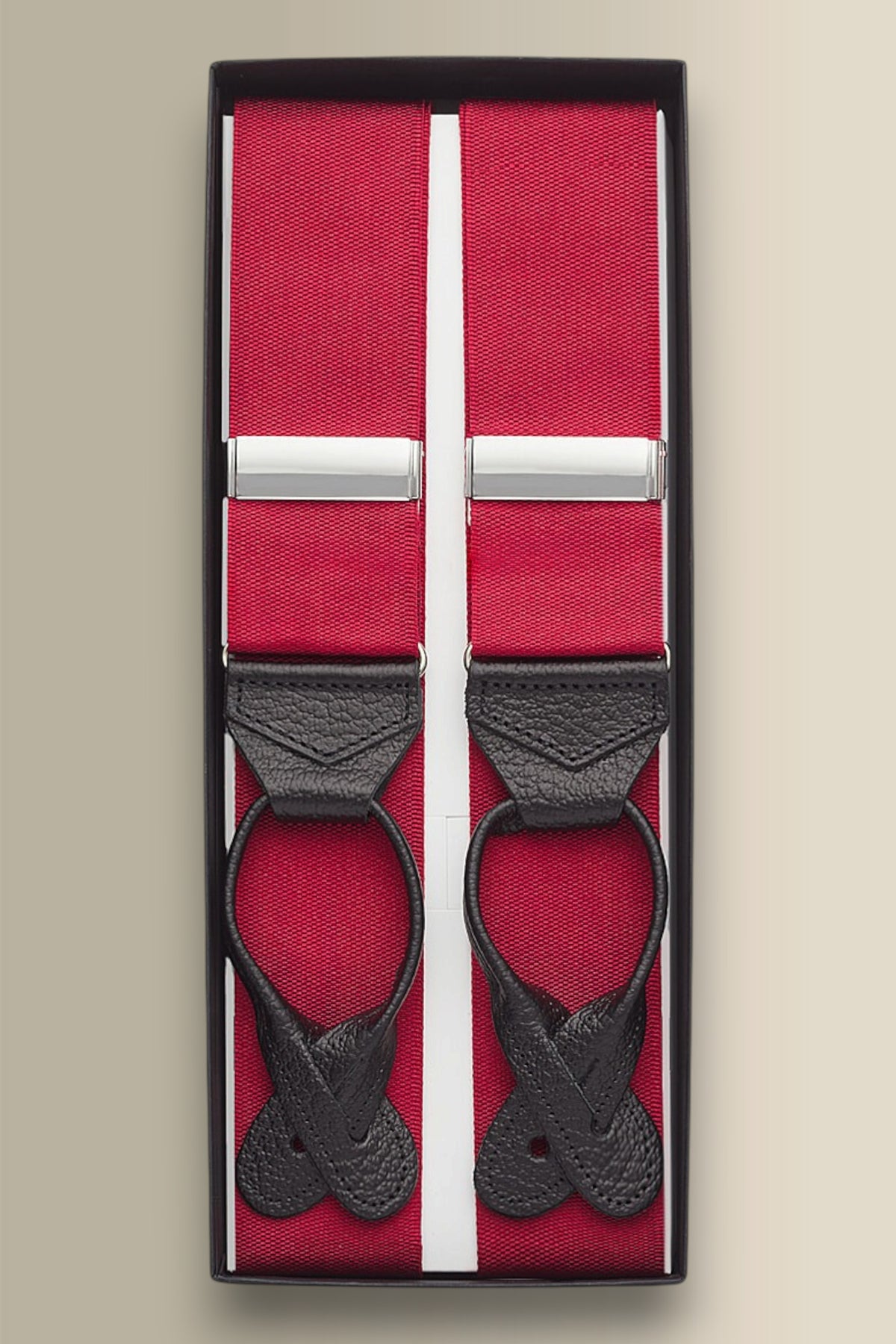 Red Barathea Black Leather End Braces
