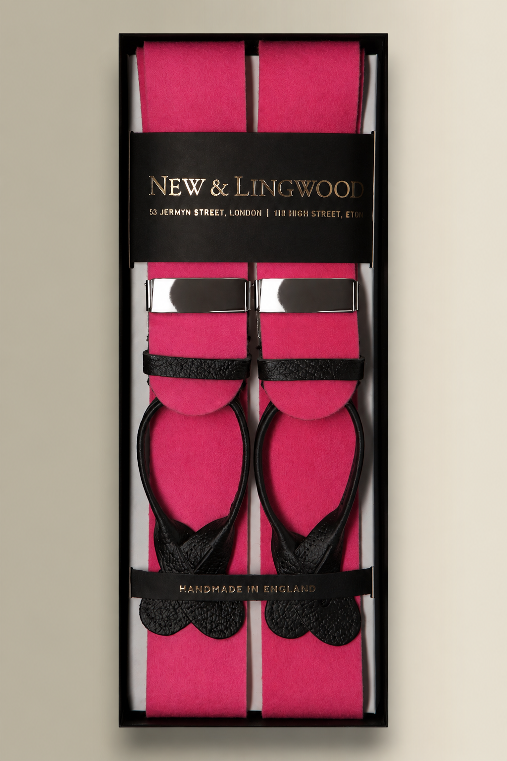Pink Boxcloth Black Leather End Braces