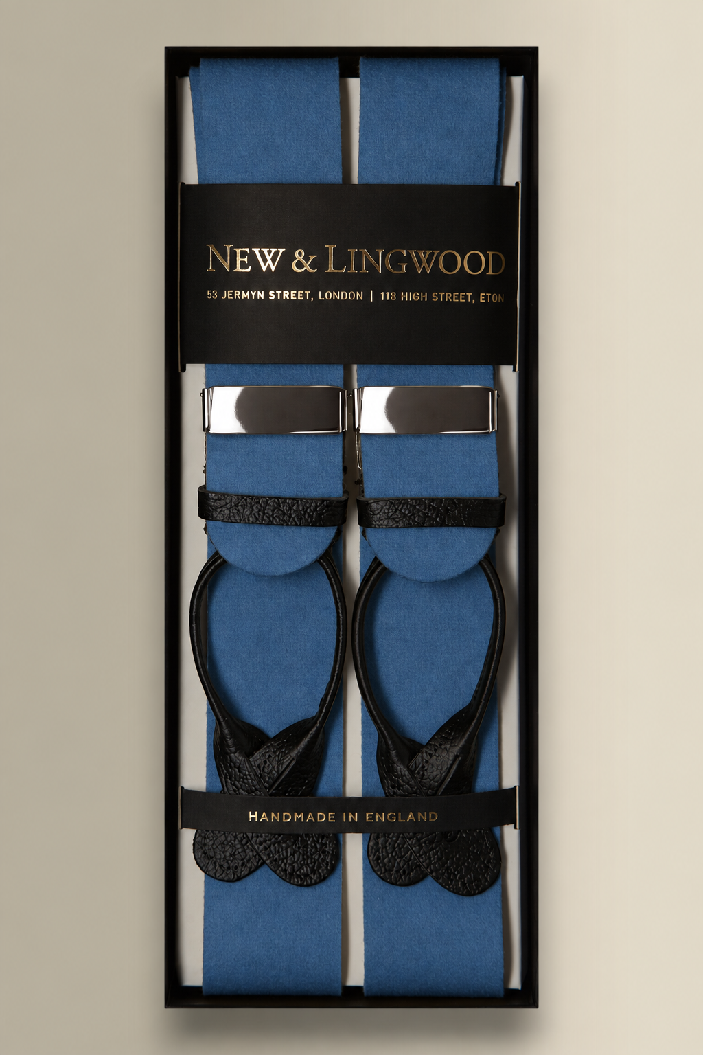 Blue Boxcloth Black Leather End Braces