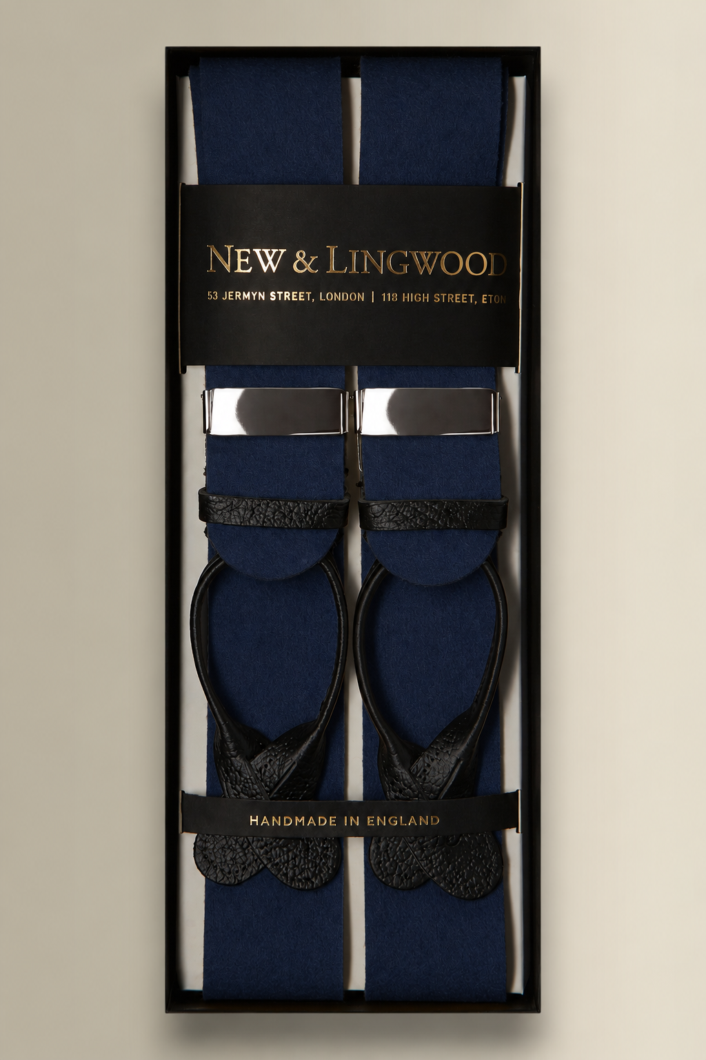 Navy Boxcloth Black Leather End Braces