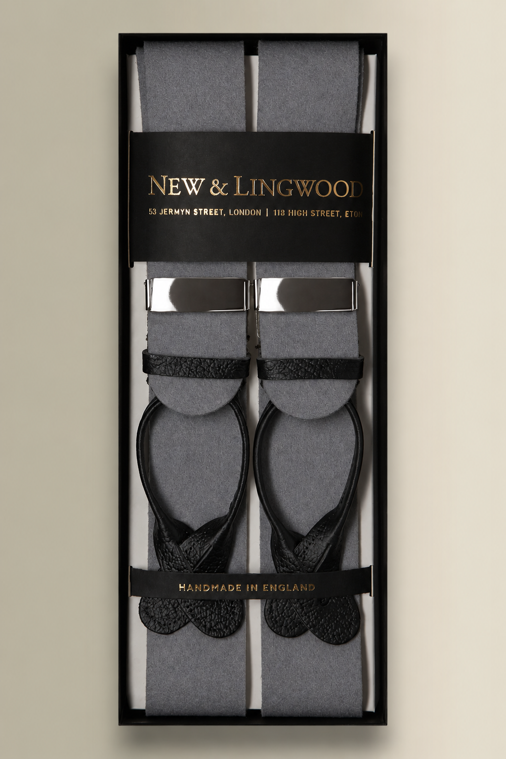 Grey Boxcloth Black Leather End Braces