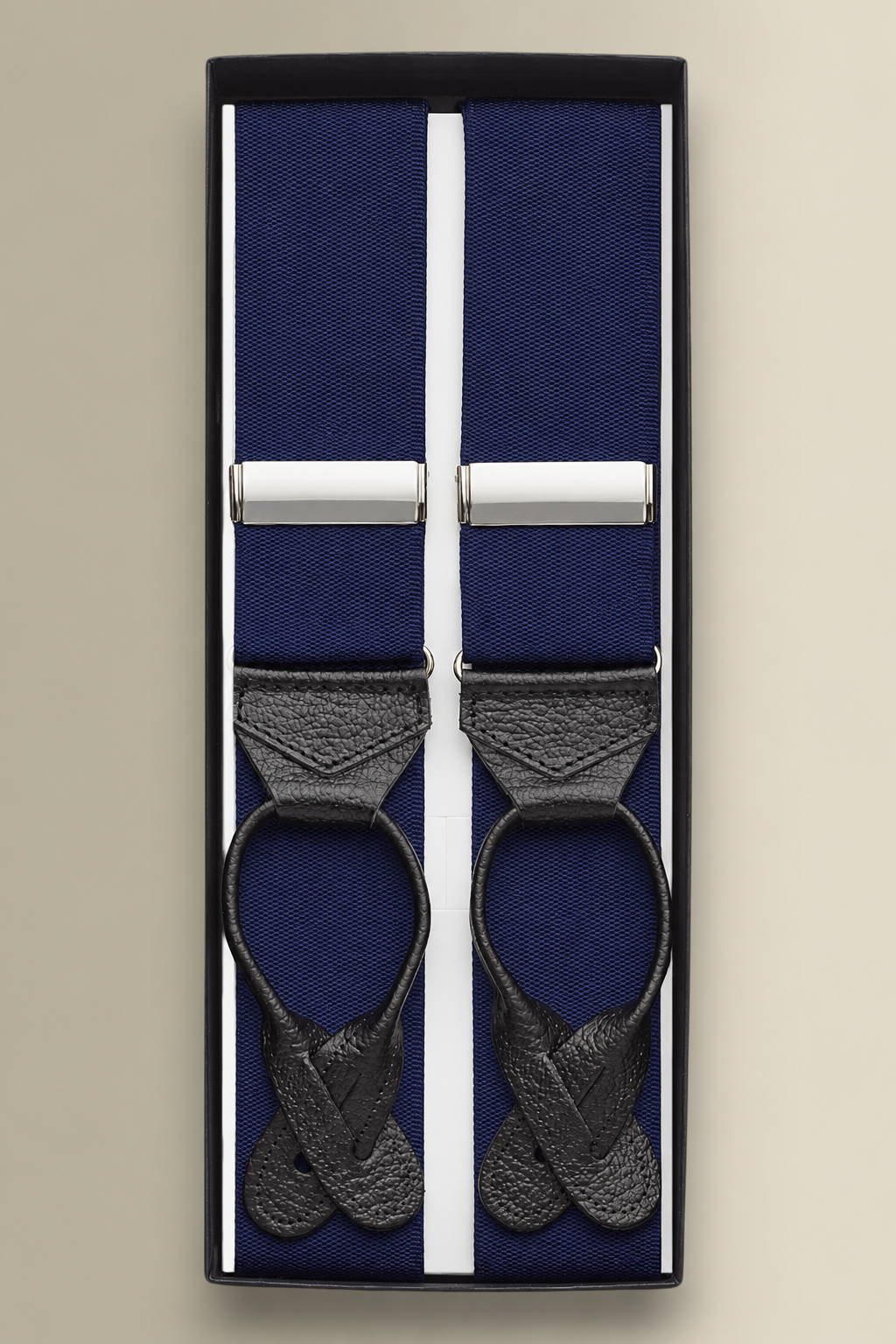 Navy Barathea Black Leather End Braces