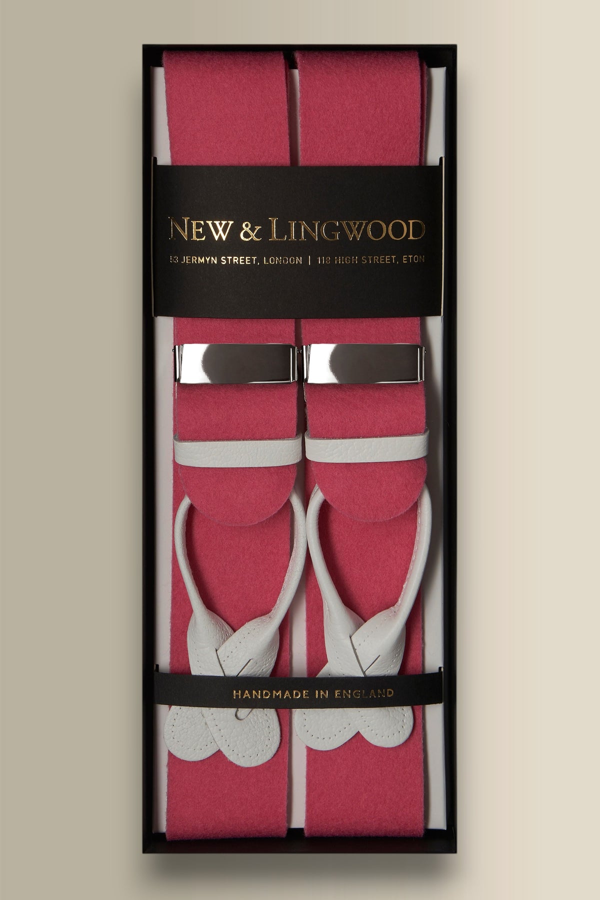 Pink Boxcloth White Leather End Braces