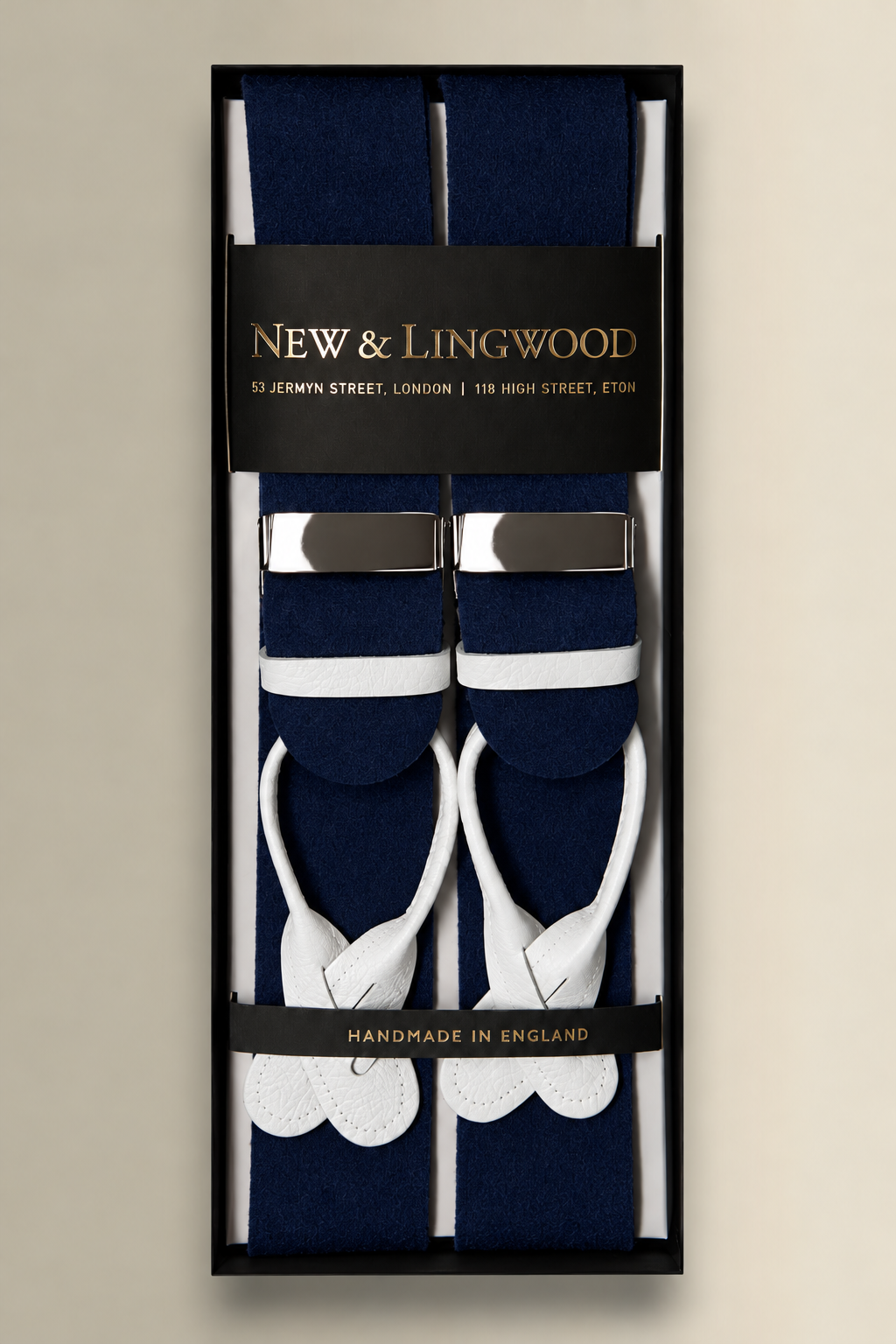 Navy Boxcloth White Leather End Braces