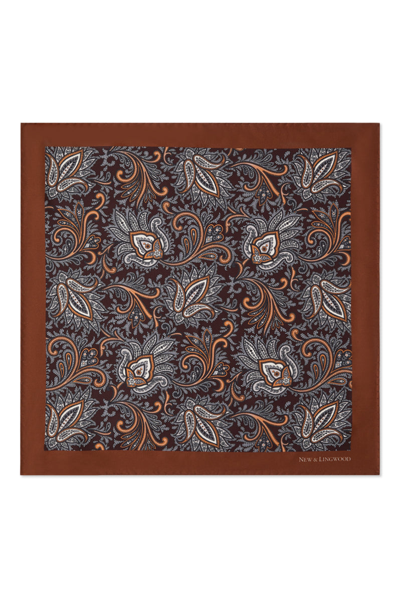 Brown Floral Paisley Silk Pocket Square