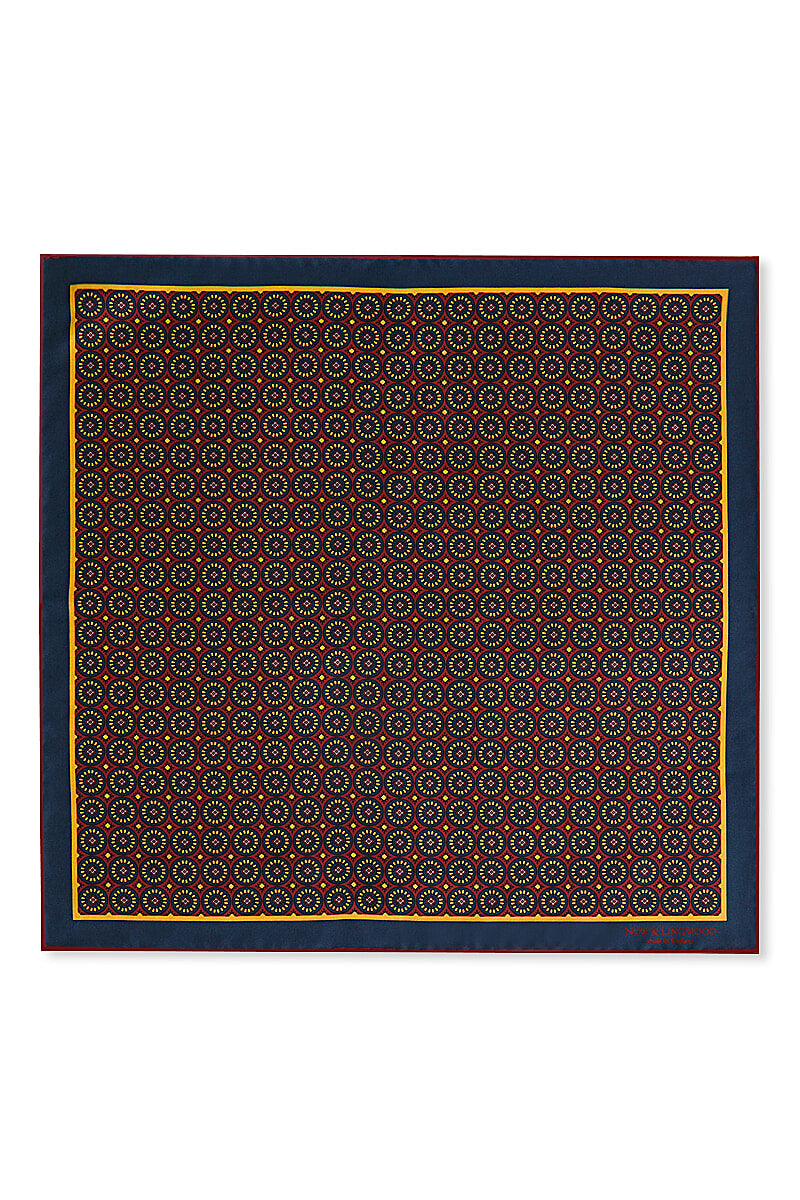 Navy Geomoetric Medallion Silk Pocket Square