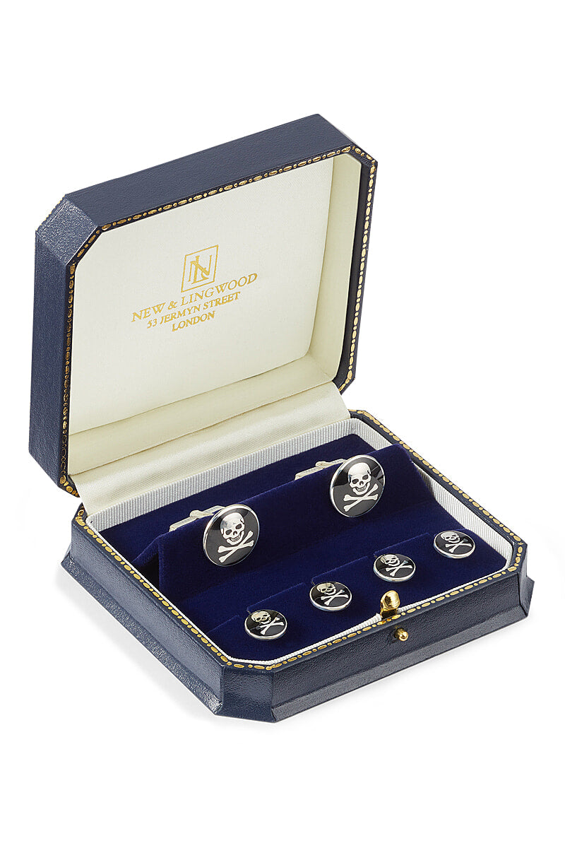Black Skull & Crossbones Sterling Silver Cufflinks & Stud Set