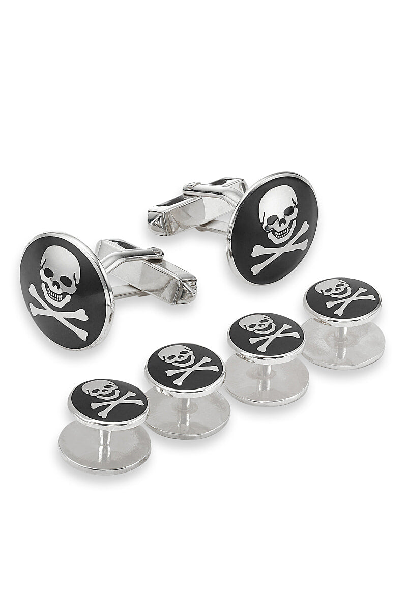Black Skull & Crossbones Sterling Silver Cufflinks & Stud Set
