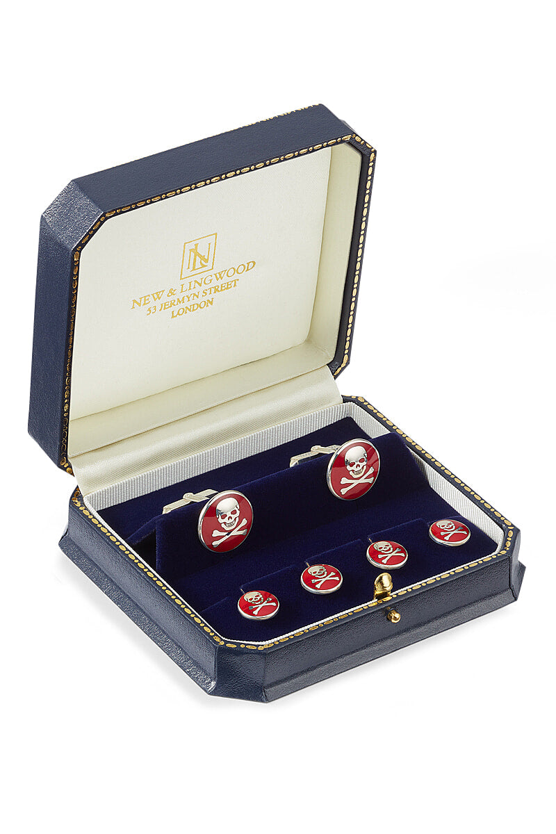 Burgundy Skull & Crossbones Sterling Silver Cufflinks & Stud Set