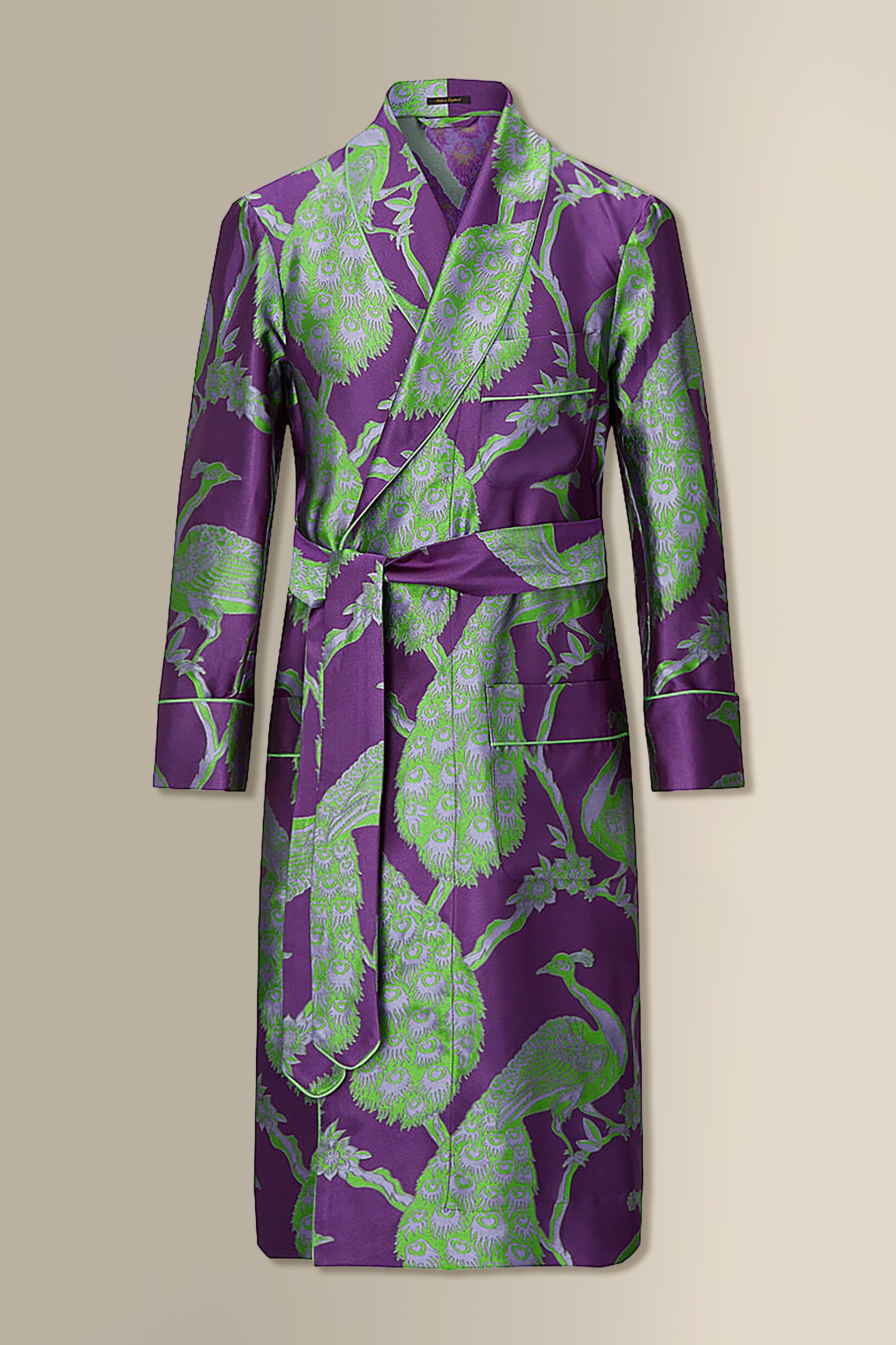 Purple & Green Peacock Unlined Silk Dressing Gown