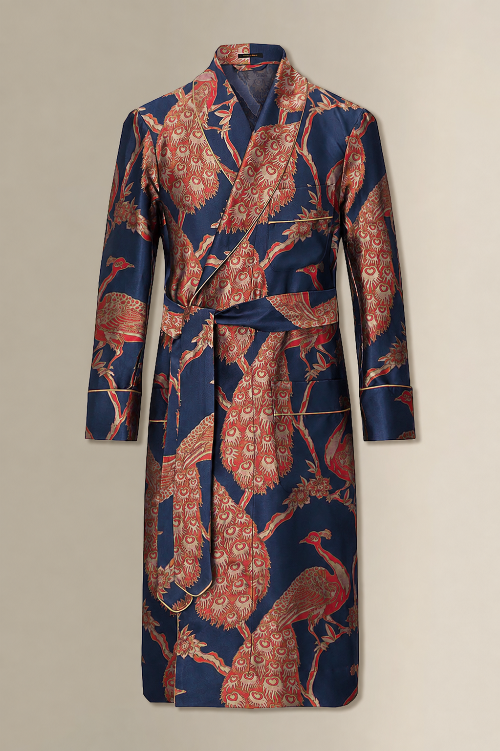 Navy & Red Peacock Unlined Silk Dressing Gown