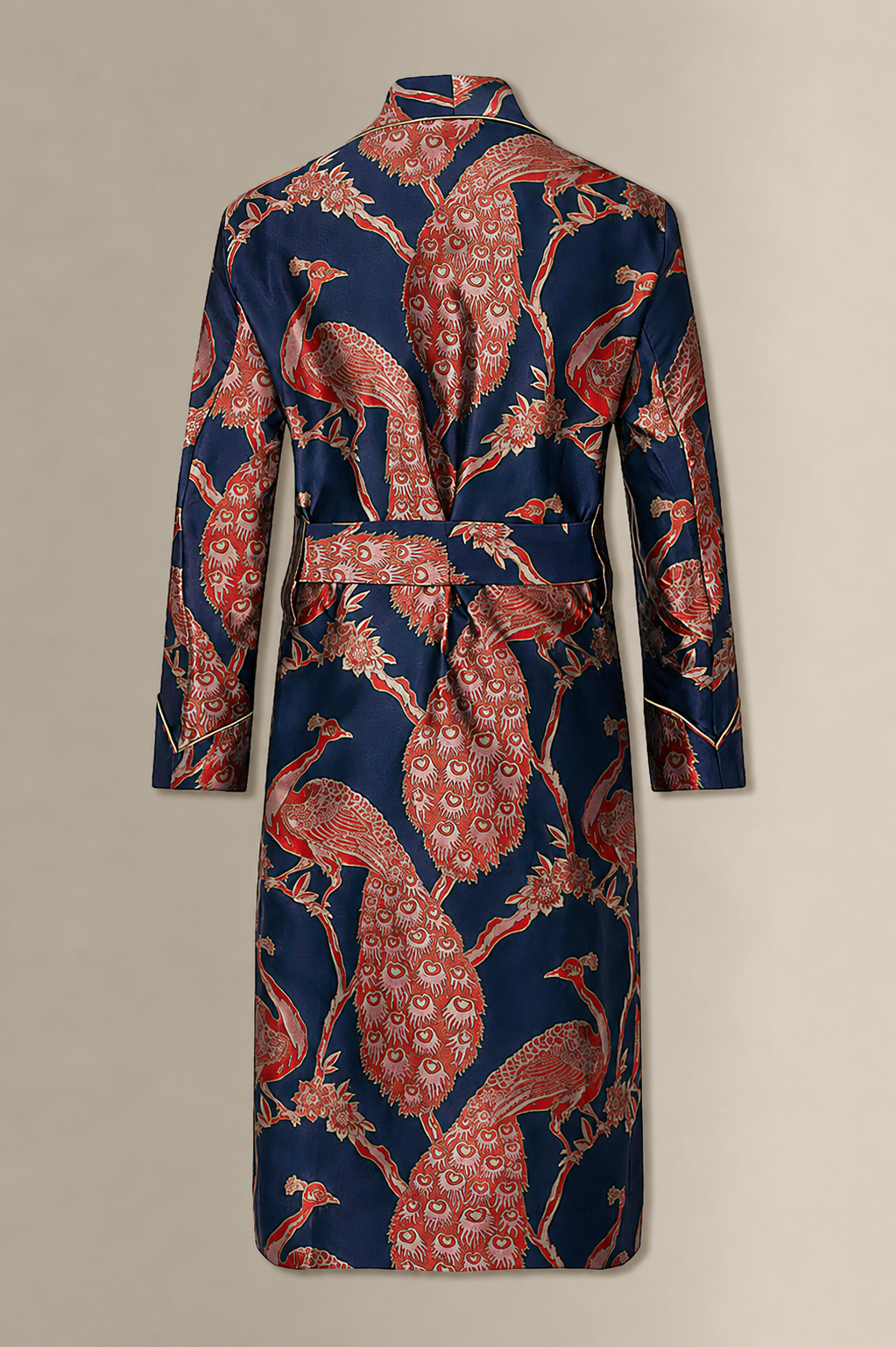 Navy & Red Peacock Unlined Silk Dressing Gown