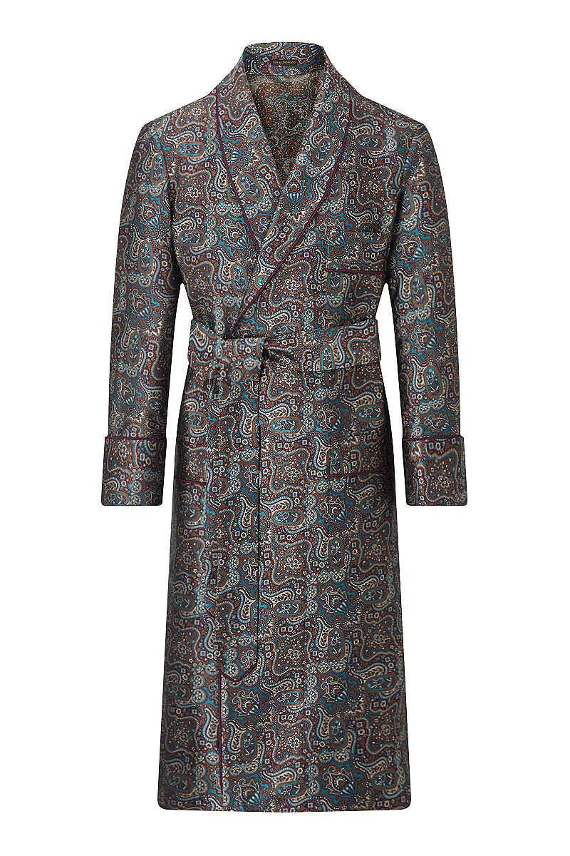 Teal & Burgundy Paisley Unlined Silk Dressing Gown