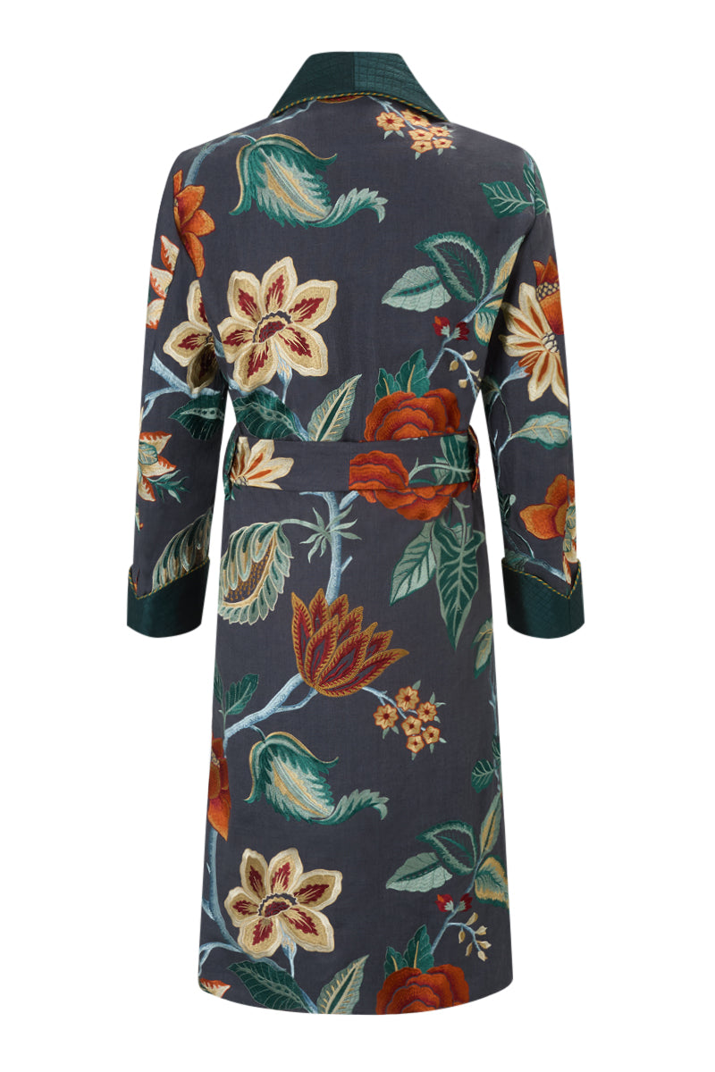 Anjolie Floral Embroidered Lined Linen Dressing Gown