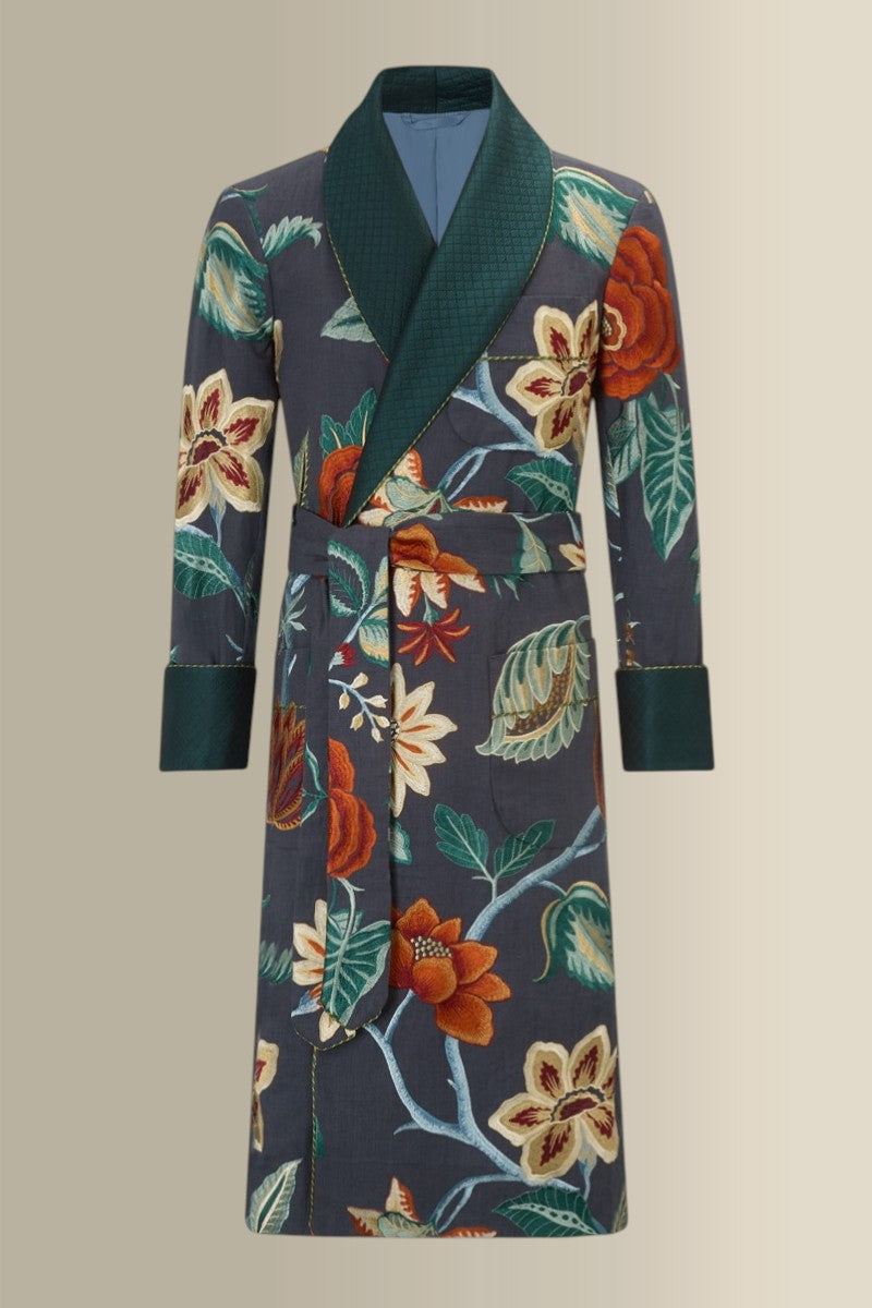 Anjolie Floral Embroidered Lined Linen Dressing Gown