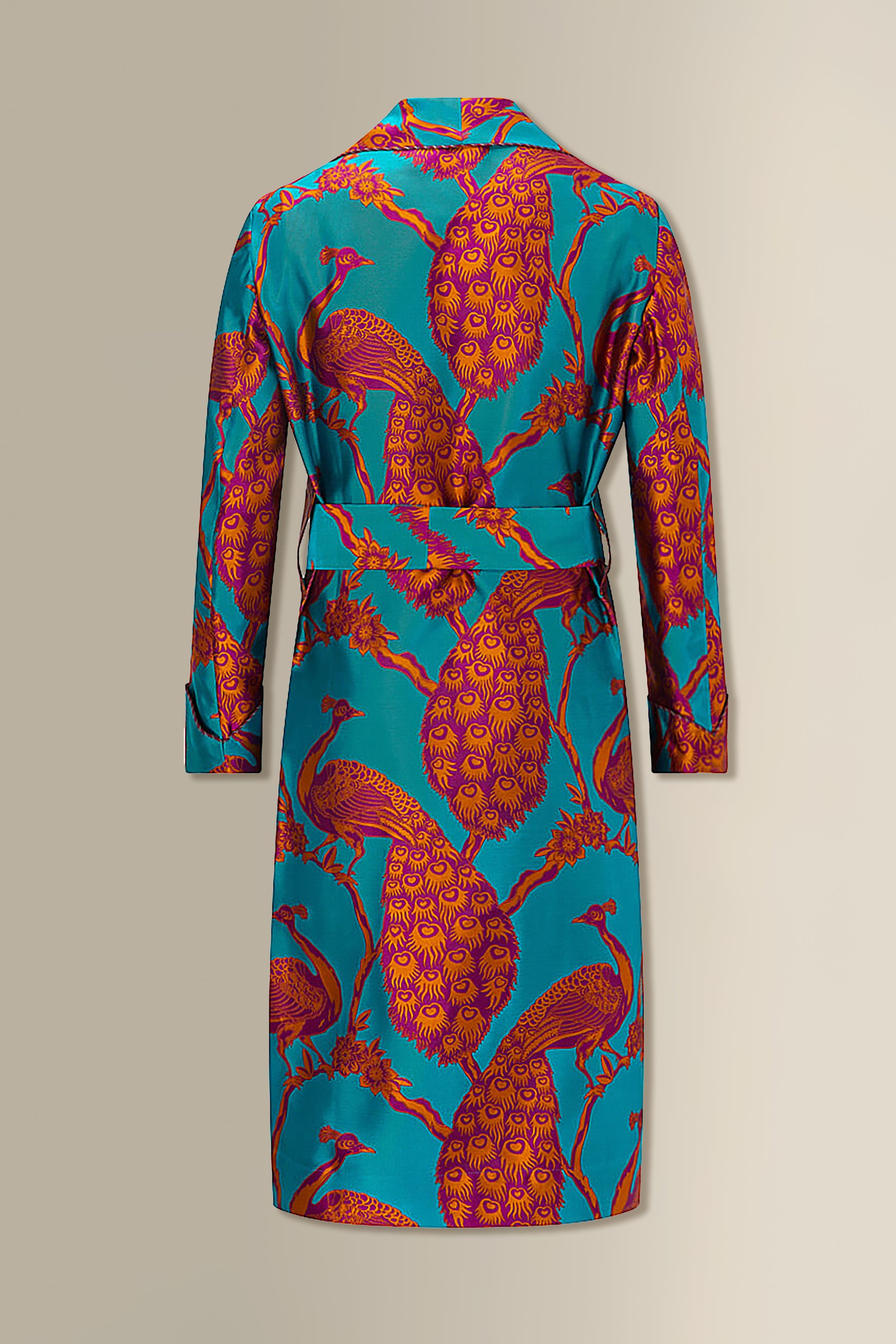 Turquoise & Orange Peacock Unlined Silk Dressing Gown