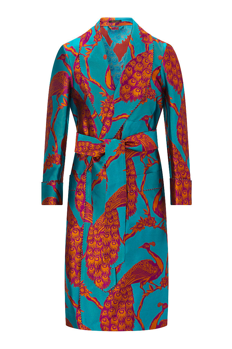 Turquoise & Orange Peacock Unlined Silk Dressing Gown